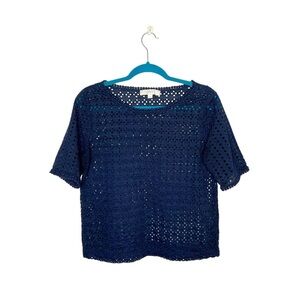 LOFT Navy Blue Geometric Eyelet Boxy Fit Short Sleeve Blouse